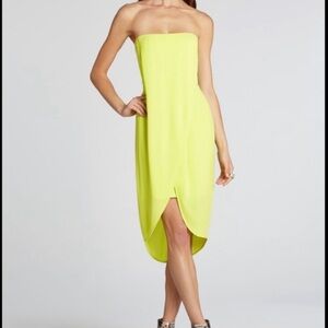 BCBGMaxAzria Neon Green, Yellow Strapless Asymmetrical Wrap Formal Midi Dress